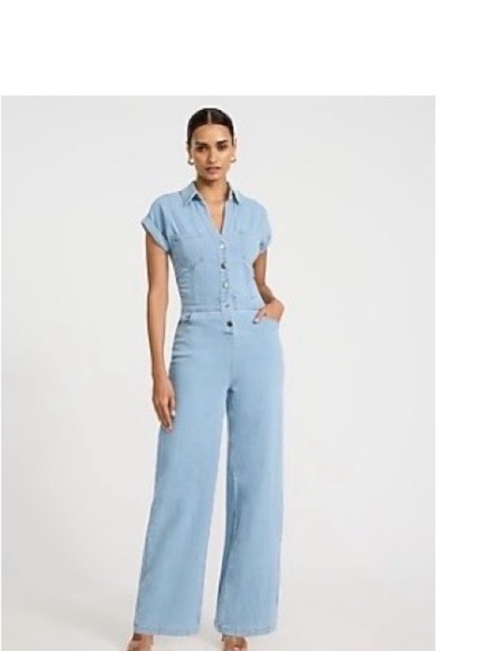 Express Light Blue Denim Button-Front Wide-Leg Jumpsuit